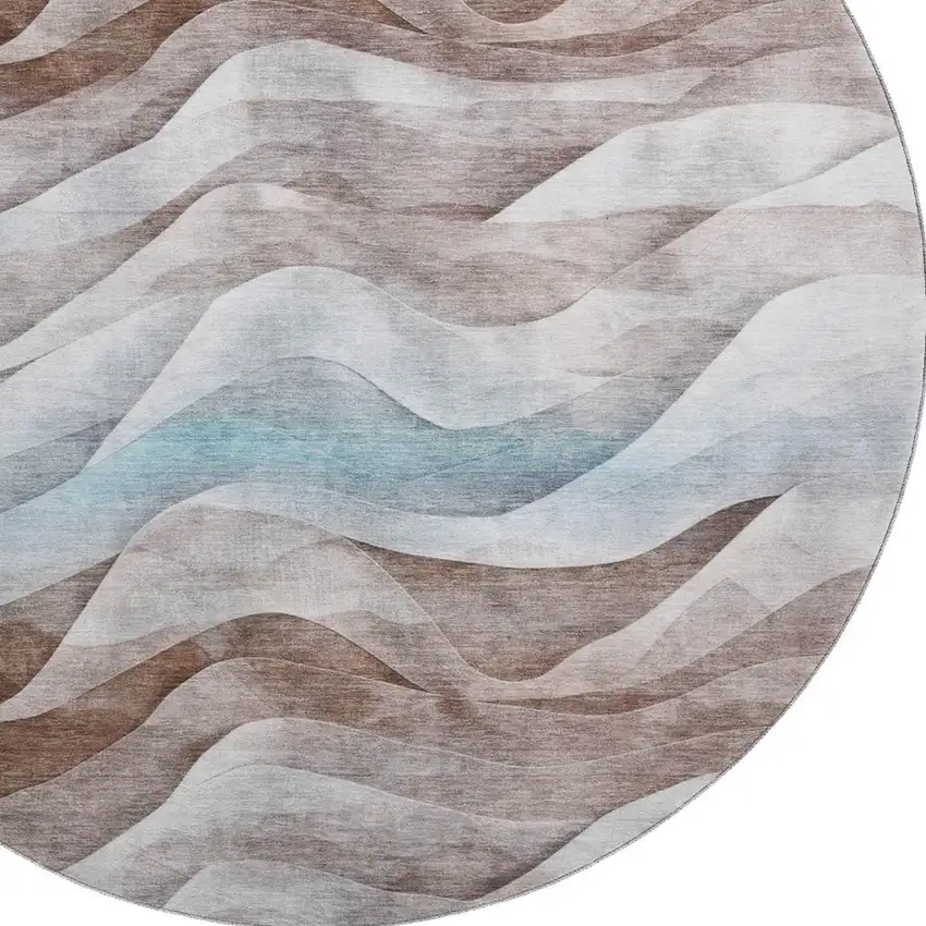8' X 8' Coffee Blue And Ivory Abstract Washable Round Rug With UV Protection Photo 2