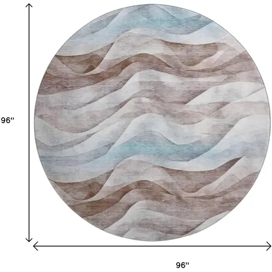 8' X 8' Coffee Blue And Ivory Abstract Washable Round Rug With UV Protection Photo 9