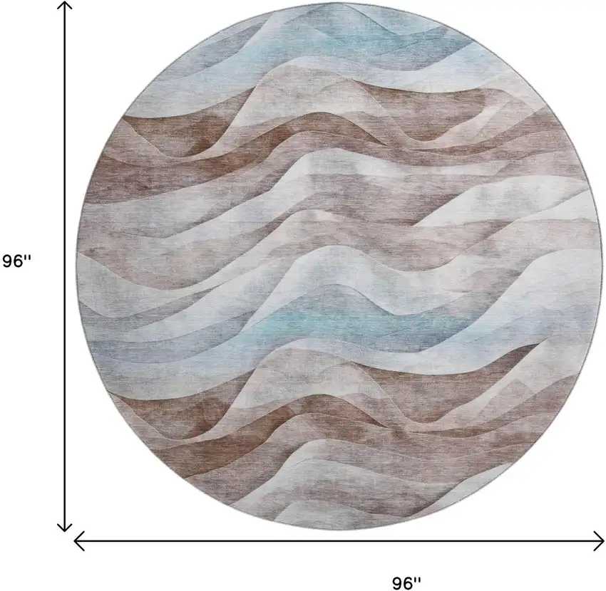 8' X 8' Coffee Blue And Ivory Abstract Washable Round Rug With UV Protection Photo 9