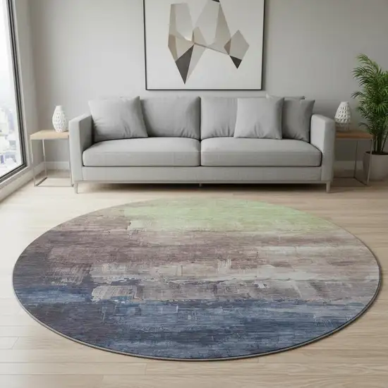 8' X 8' Coffee Green And Blue Abstract Washable Round Rug With UV Protection Photo 2