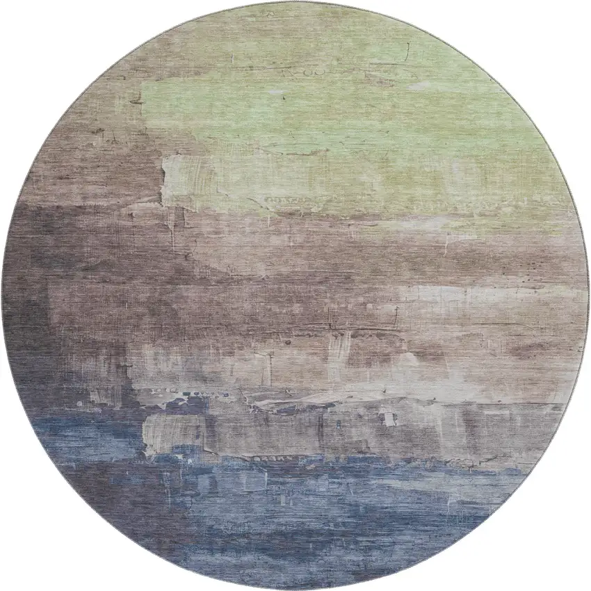 8' X 8' Coffee Green And Blue Abstract Washable Round Rug With UV Protection Photo 1