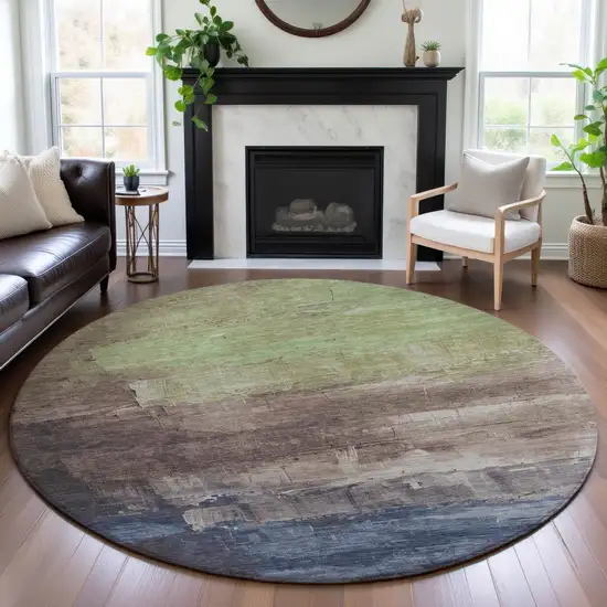 8' X 8' Coffee Green And Blue Abstract Washable Round Rug With UV Protection Photo 4