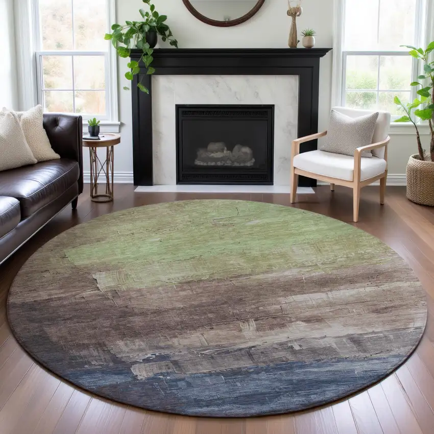 8' X 8' Coffee Green And Blue Abstract Washable Round Rug With UV Protection Photo 4