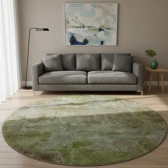 8' X 8' Coffee Green And Taupe Abstract Washable Round Rug With UV Protection Photo 1