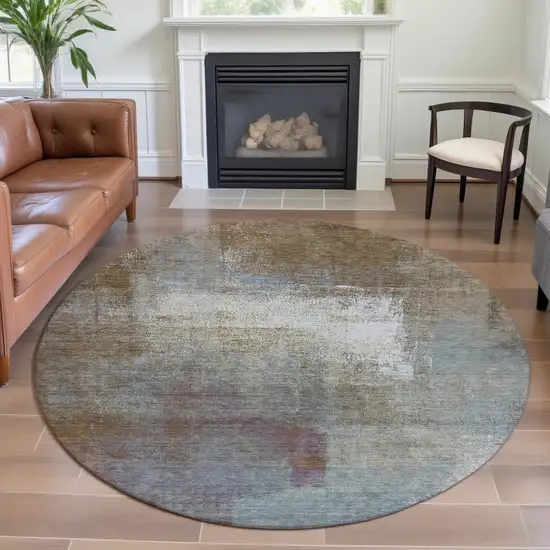 8' X 8' Coffee Ivory And Blue Abstract Washable Round Rug With UV Protection Photo 3