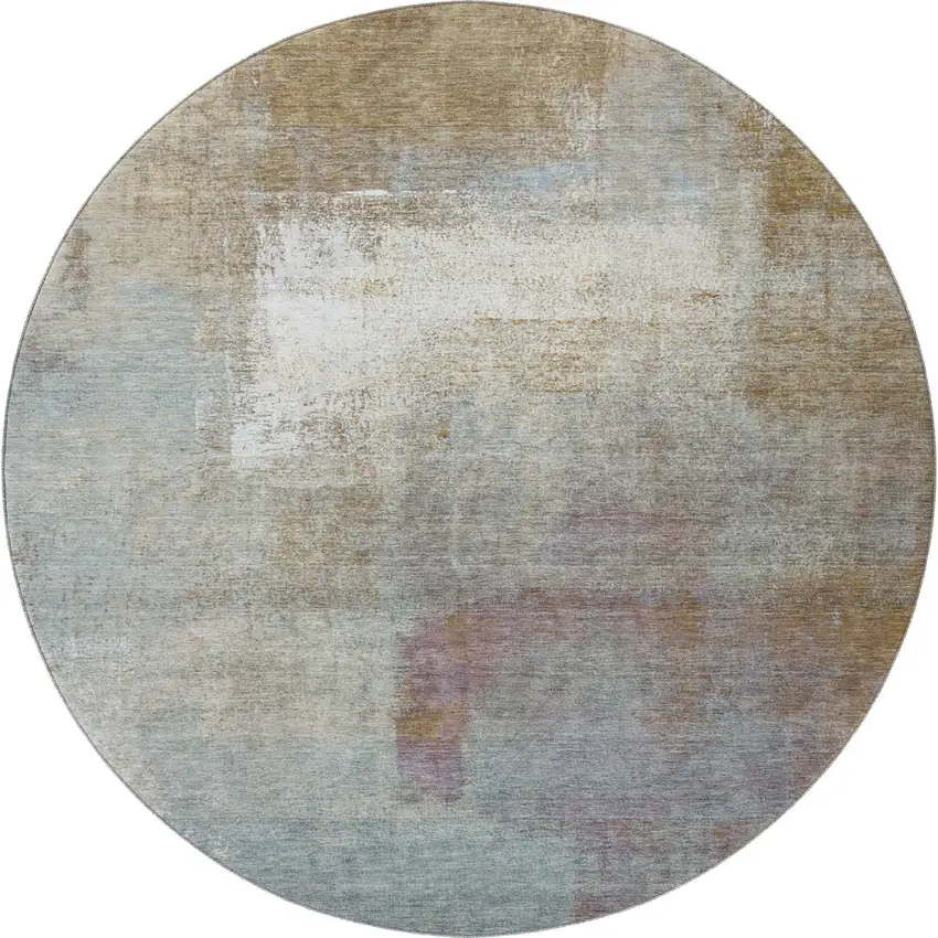 8' X 8' Coffee Ivory And Blue Abstract Washable Round Rug With UV Protection Photo 2
