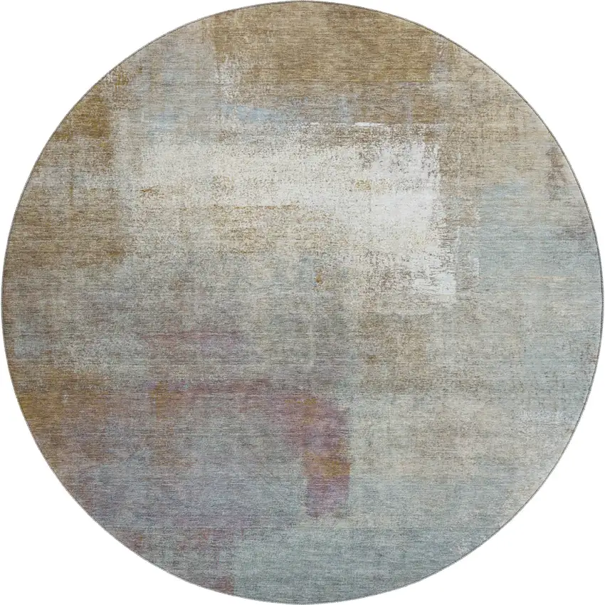 8' X 8' Coffee Ivory And Blue Abstract Washable Round Rug With UV Protection Photo 1