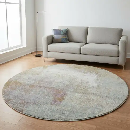 8' X 8' Coffee Ivory And Blue Abstract Washable Round Rug With UV Protection Photo 2