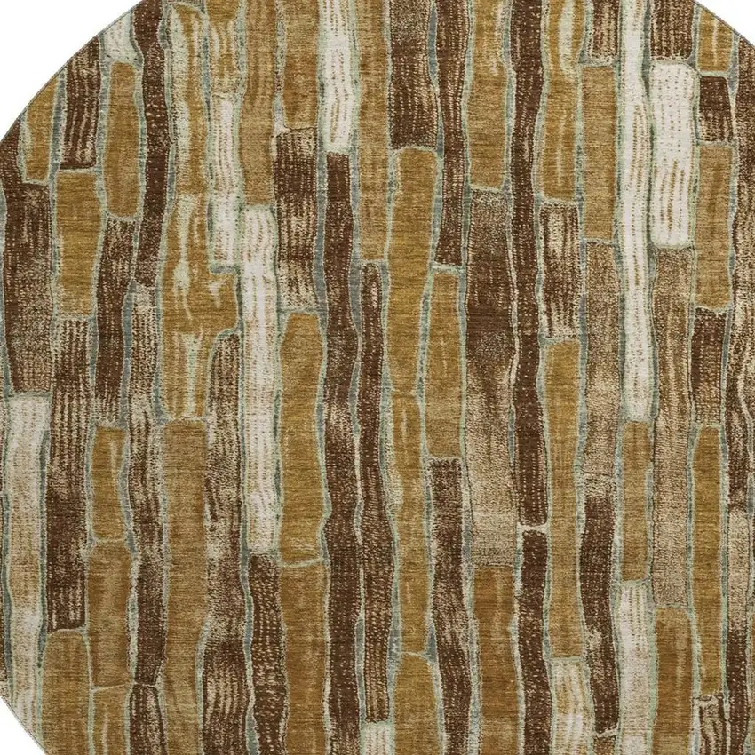 8' X 8' Coffee Ivory And Taupe Striped Washable Round Rug With UV Protection Photo 2