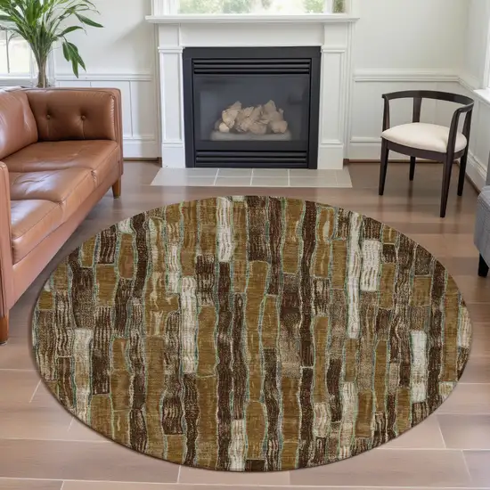 8' X 8' Coffee Ivory And Taupe Striped Washable Round Rug With UV Protection Photo 4