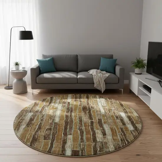 8' X 8' Coffee Ivory And Taupe Striped Washable Round Rug With UV Protection Photo 2