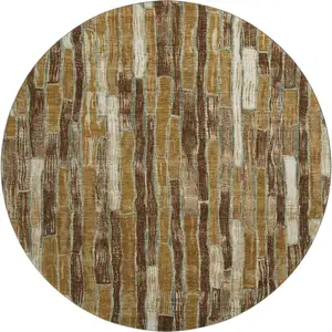 Photo of 8' X 8' Coffee Ivory And Taupe Striped Washable Round Rug With UV Protection