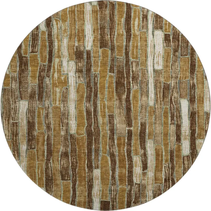 8' X 8' Coffee Ivory And Taupe Striped Washable Round Rug With UV Protection Photo 1