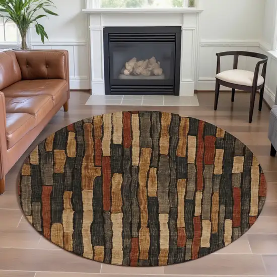 8' X 8' Coffee Rust And Copper Striped Washable Round Rug With UV Protection Photo 4
