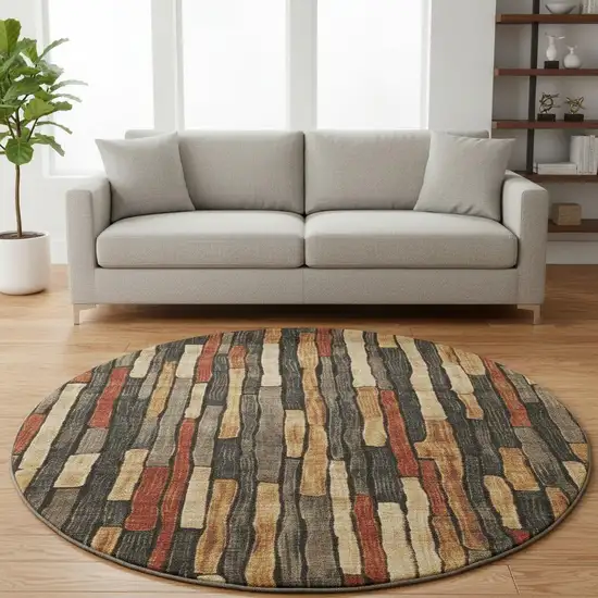 8' X 8' Coffee Rust And Copper Striped Washable Round Rug With UV Protection Photo 2