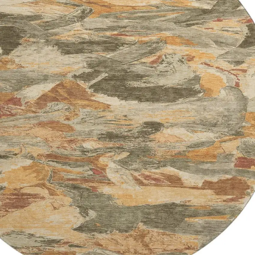 8' X 8' Copper Gray And Taupe Abstract Washable Round Rug With UV Protection Photo 2