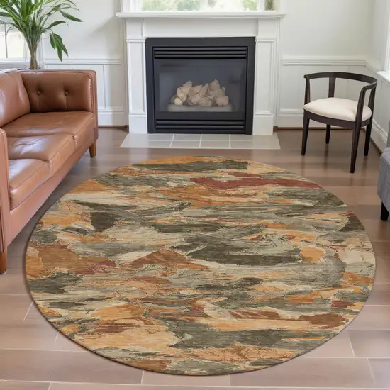 8' X 8' Copper Gray And Taupe Abstract Washable Round Rug With UV Protection Photo 4