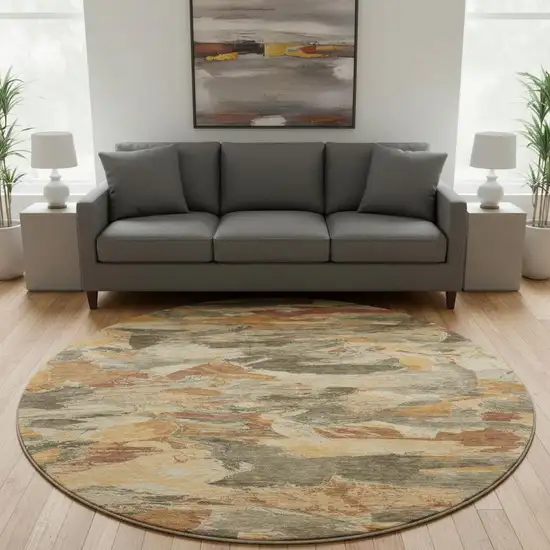 8' X 8' Copper Gray And Taupe Abstract Washable Round Rug With UV Protection Photo 2