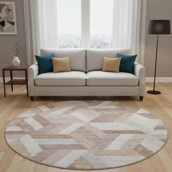 8' X 8' Copper Ivory And Gray Geometric Washable Round Rug With UV Protection Photo 2