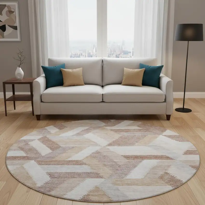 8' X 8' Copper Ivory And Gray Geometric Washable Round Rug With UV Protection Photo 2