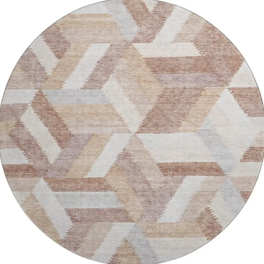 8' X 8' Copper Ivory And Gray Geometric Washable Round Rug With UV Protection Photo 3