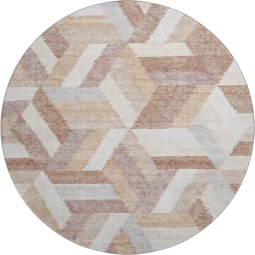 8' X 8' Copper Ivory And Gray Geometric Washable Round Rug With UV Protection Photo 1