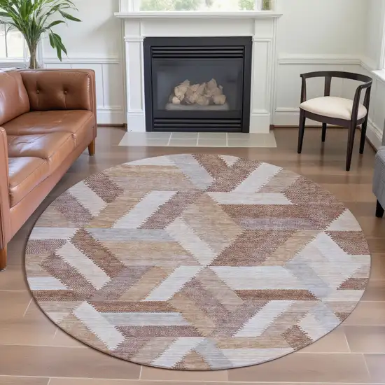 8' X 8' Copper Ivory And Gray Geometric Washable Round Rug With UV Protection Photo 4