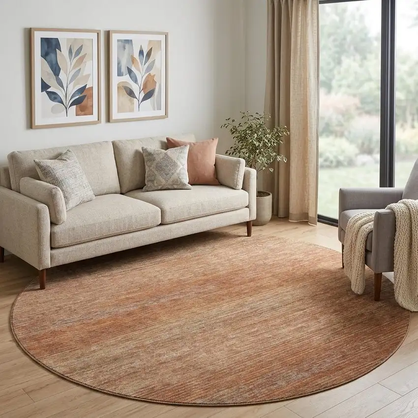 8' X 8' Copper Ivory And Gray Striped Washable Round Rug With UV Protection Photo 1