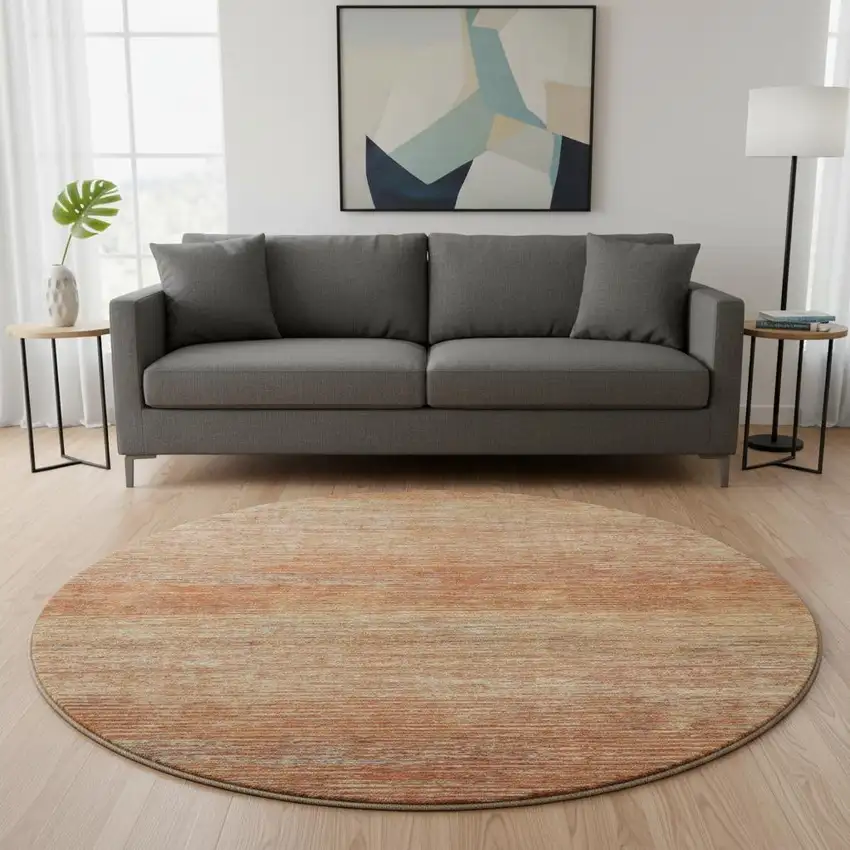 8' X 8' Copper Ivory And Gray Striped Washable Round Rug With UV Protection Photo 2