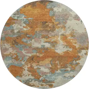 Photo of 8' X 8' Copper Taupe And Orange Abstract Washable Round Rug With UV Protection