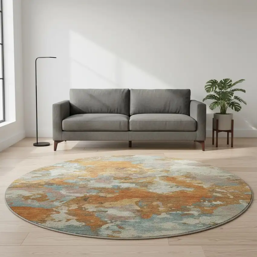 8' X 8' Copper Taupe And Orange Abstract Washable Round Rug With UV Protection Photo 2