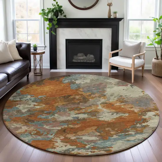 8' X 8' Copper Taupe And Orange Abstract Washable Round Rug With UV Protection Photo 5