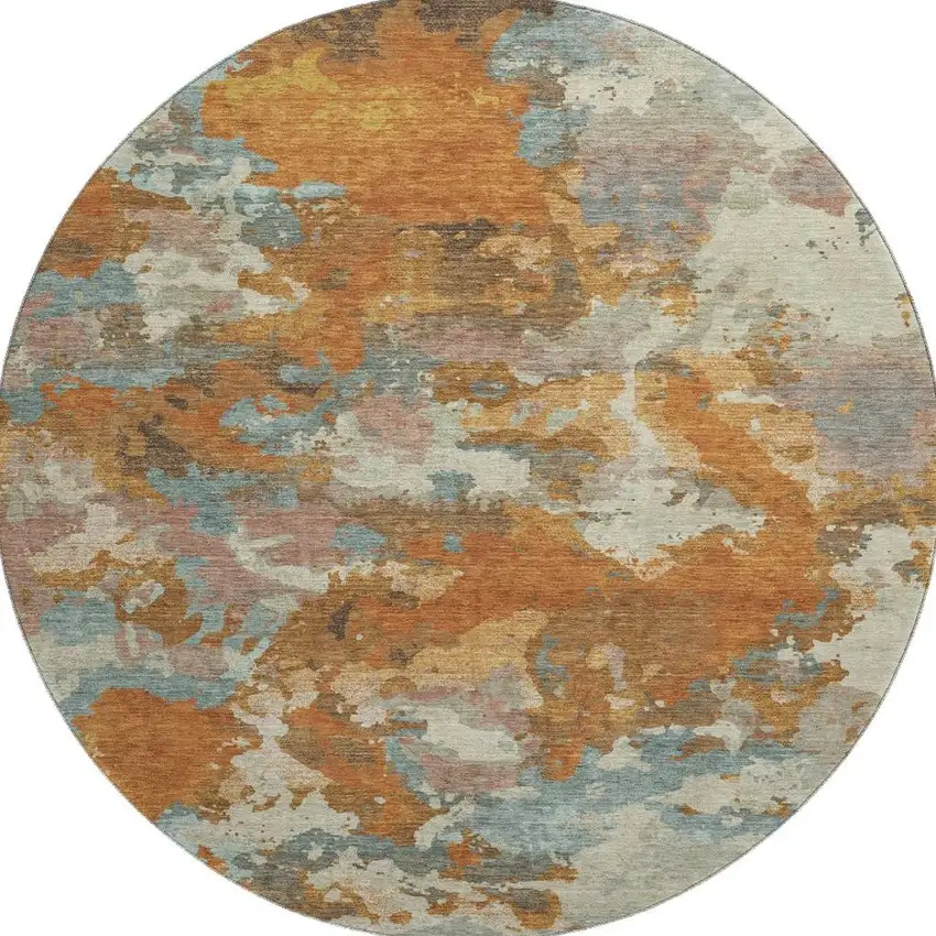 8' X 8' Copper Taupe And Orange Abstract Washable Round Rug With UV Protection Photo 3