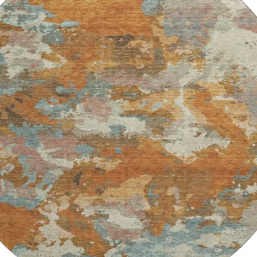 8' X 8' Copper Taupe And Orange Abstract Washable Round Rug With UV Protection Photo 2