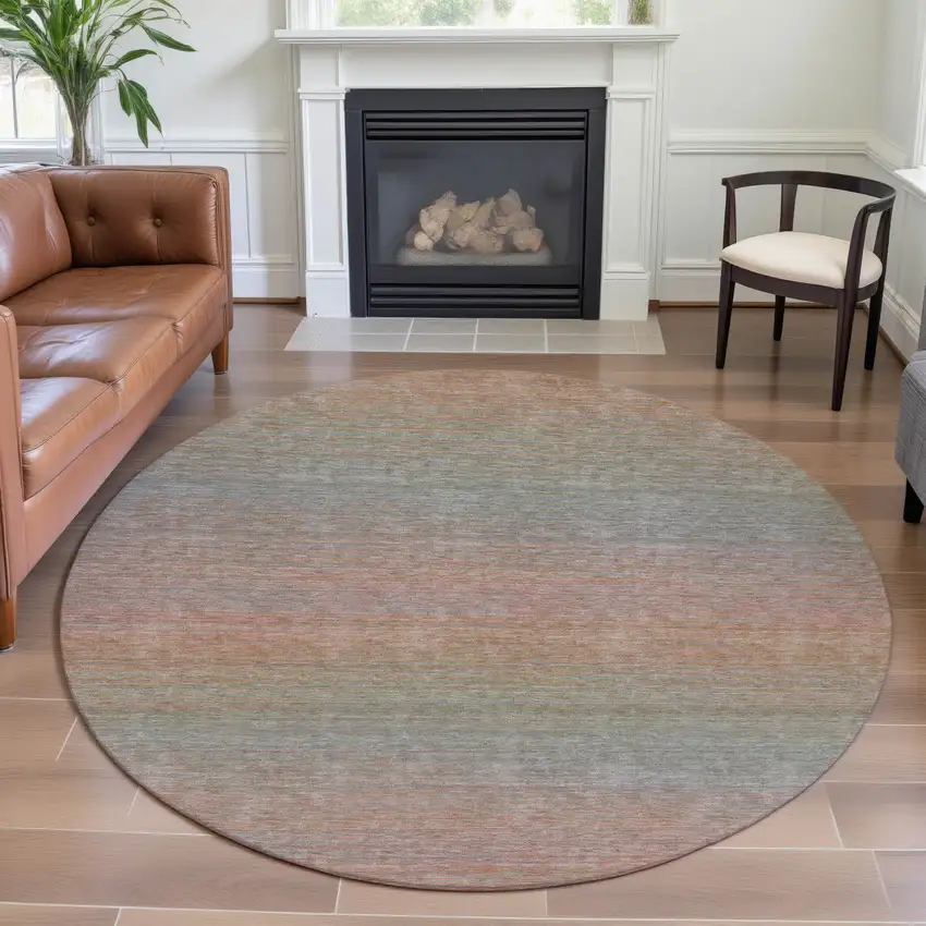 8' X 8' Coral Denim Blue And Salmon Striped Washable Round Rug With UV Protection Photo 3