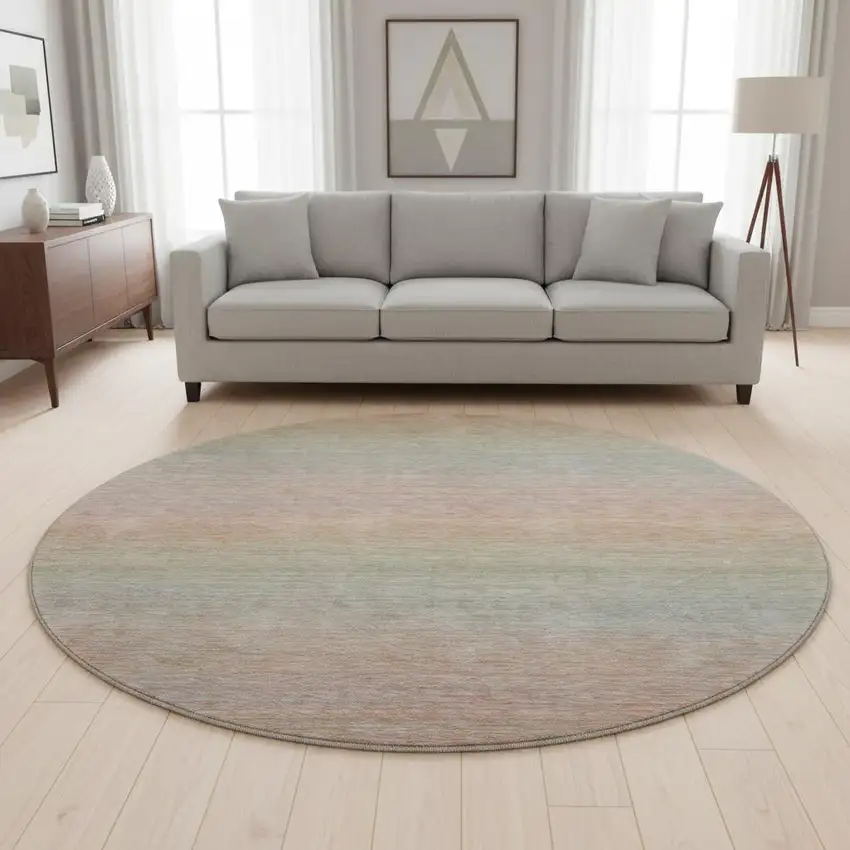 8' X 8' Coral Denim Blue And Salmon Striped Washable Round Rug With UV Protection Photo 2