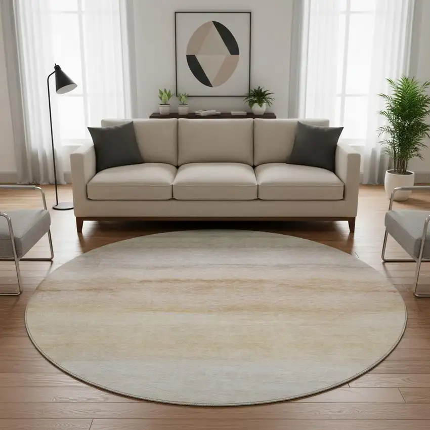 8' X 8' Coral Ivory And Gray Striped Washable Round Rug With UV Protection Photo 2