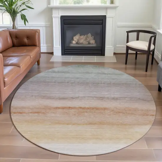 8' X 8' Coral Ivory And Gray Striped Washable Round Rug With UV Protection Photo 4