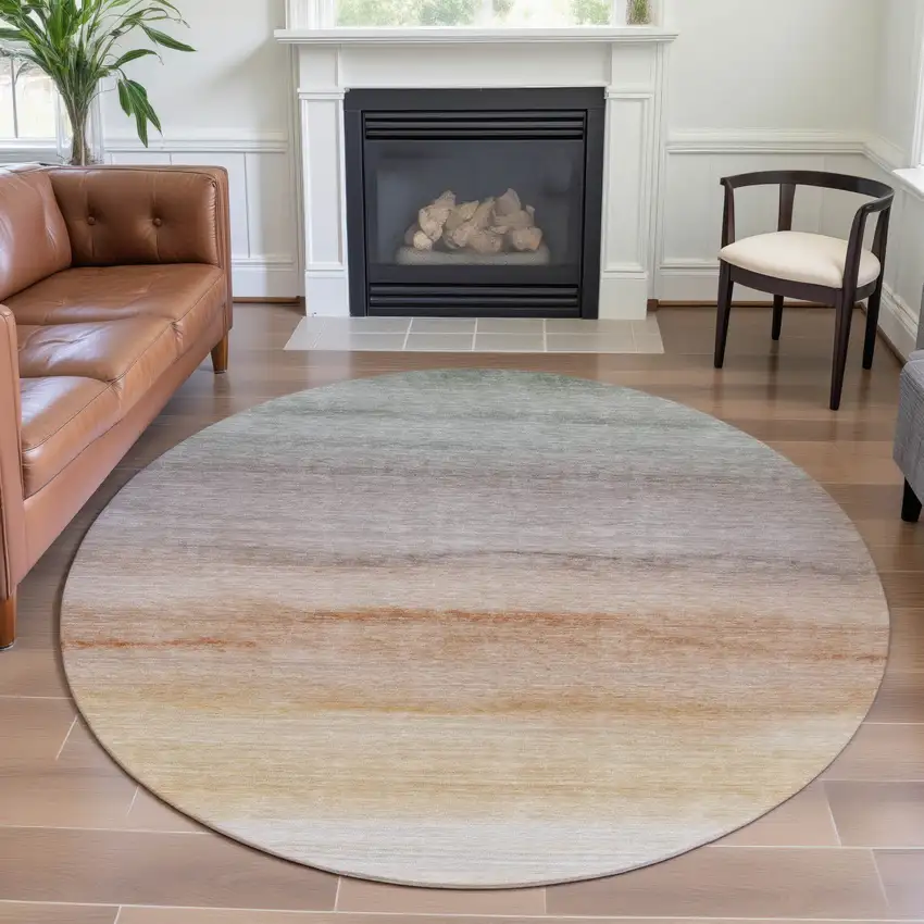 8' X 8' Coral Ivory And Gray Striped Washable Round Rug With UV Protection Photo 4