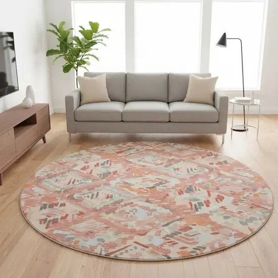 8' X 8' Coral Sky Blue And Mauve Geometric Washable Round Rug With UV Protection Photo 2