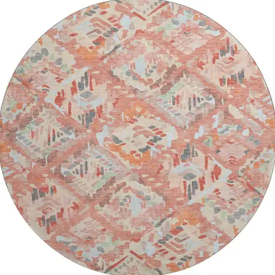 8' X 8' Coral Sky Blue And Mauve Geometric Washable Round Rug With UV Protection Photo 3