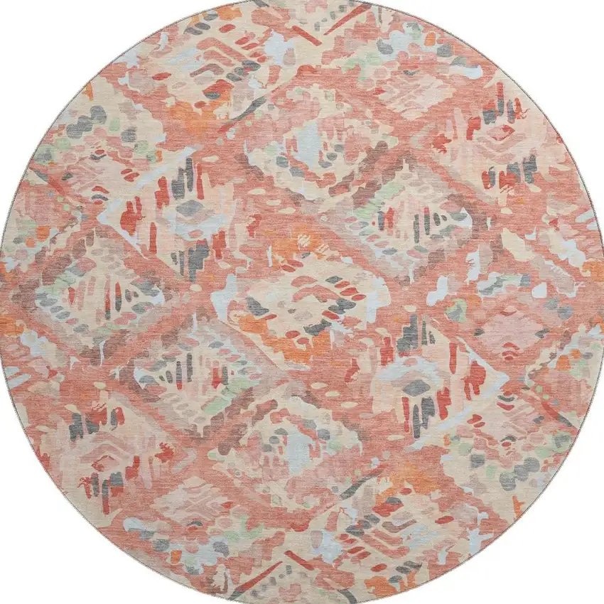 8' X 8' Coral Sky Blue And Mauve Geometric Washable Round Rug With UV Protection Photo 3