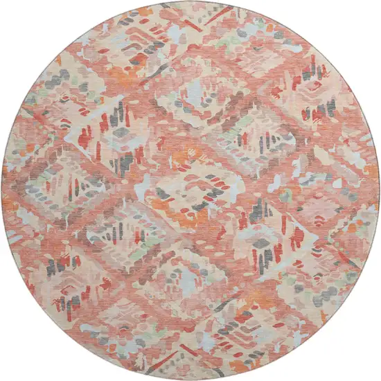 8' X 8' Coral Sky Blue And Mauve Geometric Washable Round Rug With UV Protection Photo 1