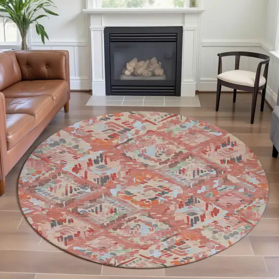 8' X 8' Coral Sky Blue And Mauve Geometric Washable Round Rug With UV Protection Photo 4