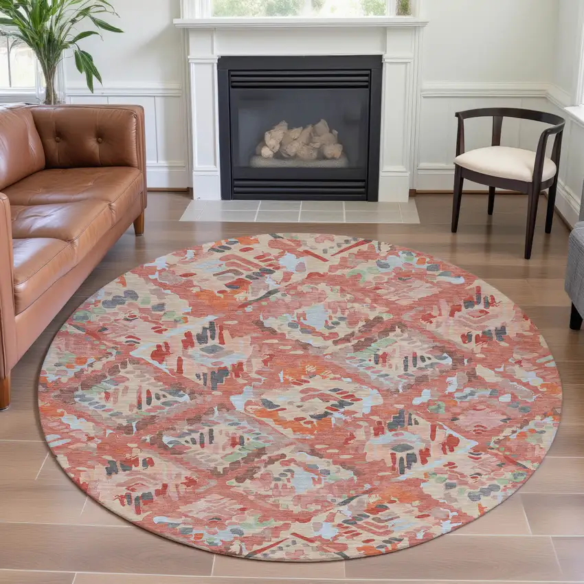 8' X 8' Coral Sky Blue And Mauve Geometric Washable Round Rug With UV Protection Photo 4