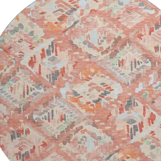 8' X 8' Coral Sky Blue And Mauve Geometric Washable Round Rug With UV Protection Photo 2