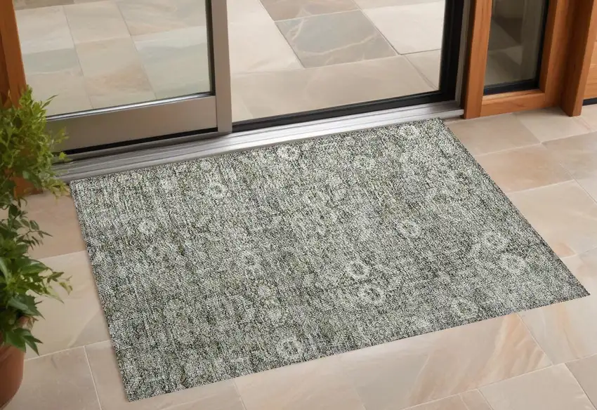 3' X 4' Cream and Tan Floral Washable Non Skid Indoor Outdoor Area Rug Photo 1