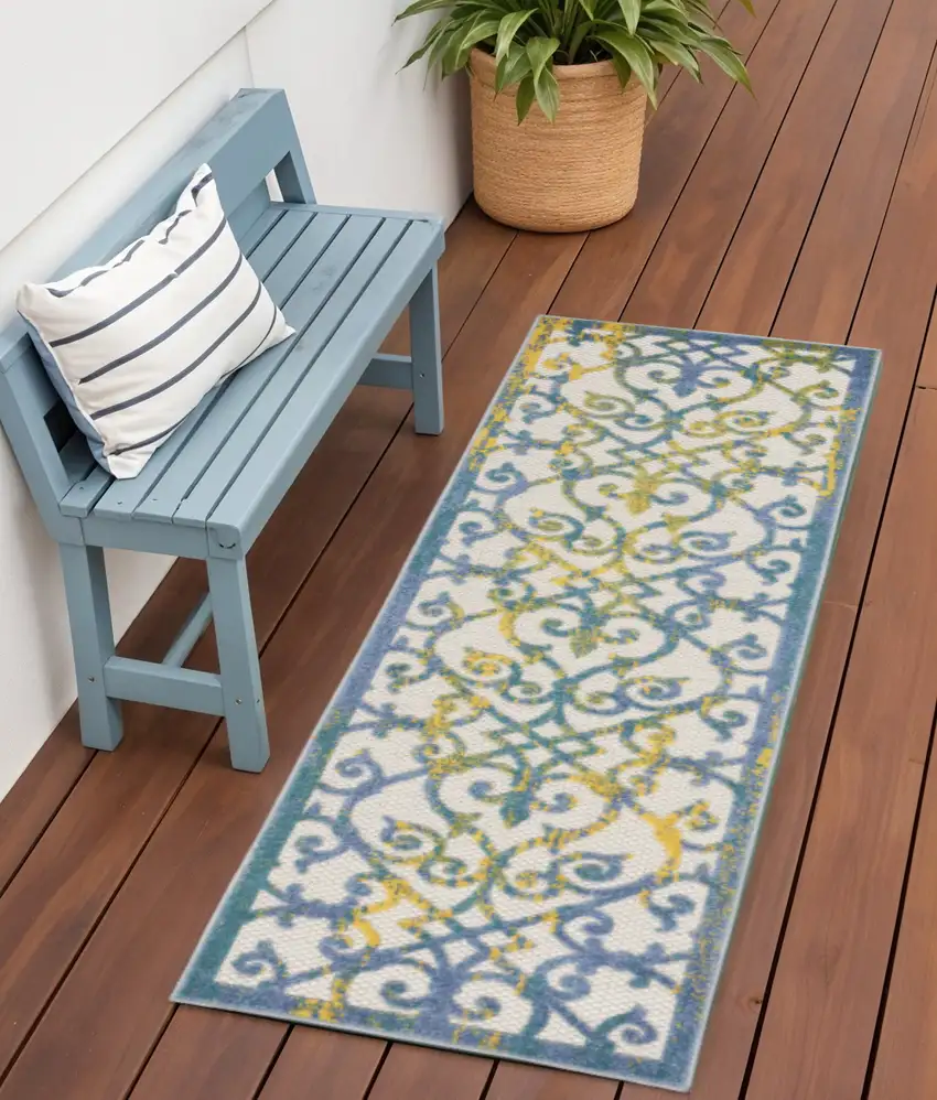 6' Ivory And Blue Indoor Outdoor Area Rug Photo 2