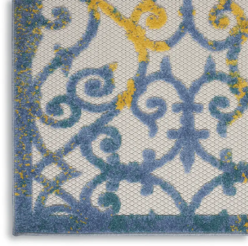 2' X 6' Ivory And Blue Damask Non Skid Indoor Outdoor Runner Rug Photo 8
