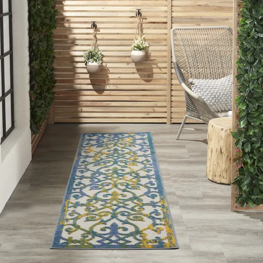 6' Ivory And Blue Indoor Outdoor Area Rug Photo 8